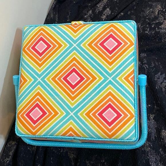 Vintage Fabric Covered Sewing Box Basket Padded with Tray Bright Wicker Handle - Picture 6 of 10